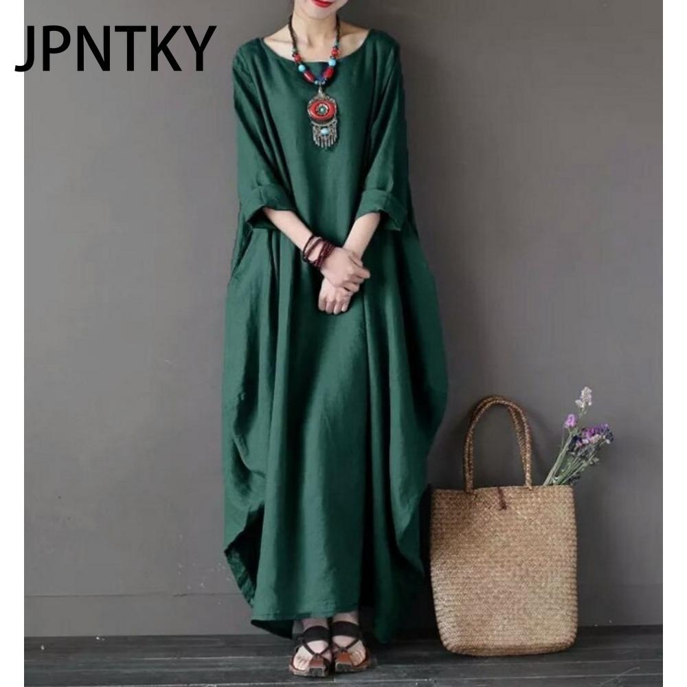 

JPNTKY Женское длинное свободное летнее повседневное платье из льна и хлопка, больших размеров XXXXXL зелёный