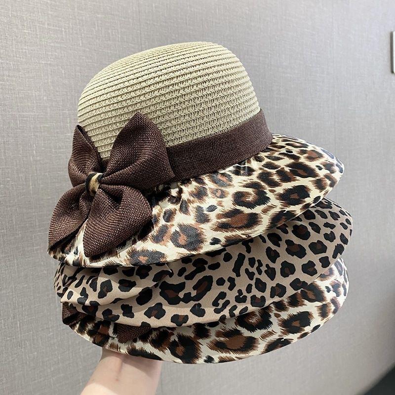 New fashion leopard print bow straw hat women summer seaside travel resort selling sunscreen sunshade bucket hat