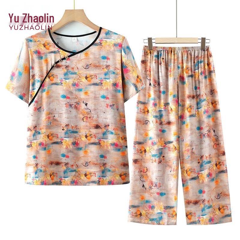 YUZHAOLIN Women s New Chinese Style Retro Short Sleeve T-Shirt & Pants Set 4XL