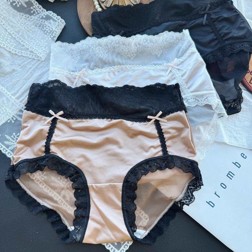 Women's Summer Sexy Satin Mesh Lace Edge Matching Color Ice Silk Low-rise Briefs