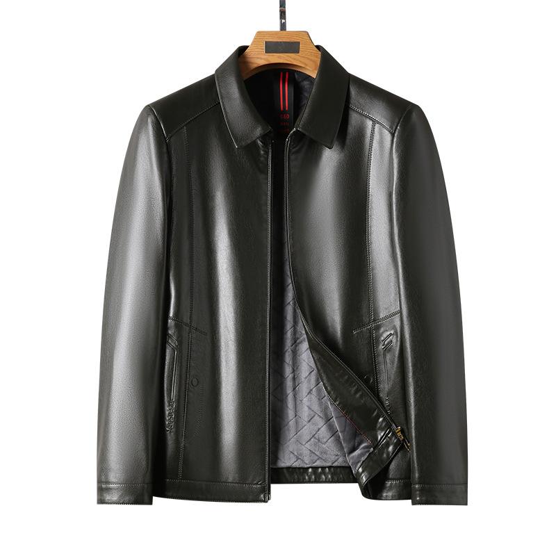 Fleece Leather Jacket Men's Autumn and Winter New Lapel Collar Soft Leather Jacket Middle-aged Men Loose and Casual