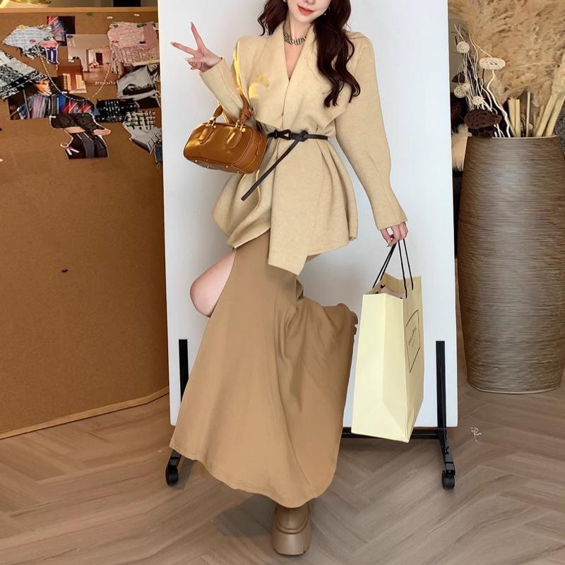 

Весенне-осенняя женская куртка, модный нежный темпераментный вязаный кардиган с лацканами средней длины с поясом One Size абрикосовый