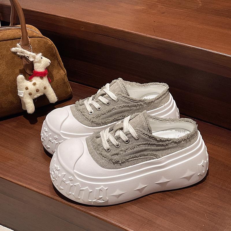 Denim Big Head Bread Shoes Muffin Thick-soled Bag Head Half Slippers Women Wear Small Height Increase Casual Half Slippers