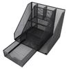 Metal Mesh Desktop Organizer Iron Vertical Storage Basket with Drawer Letter Box Pen Holder Office Supplies Black