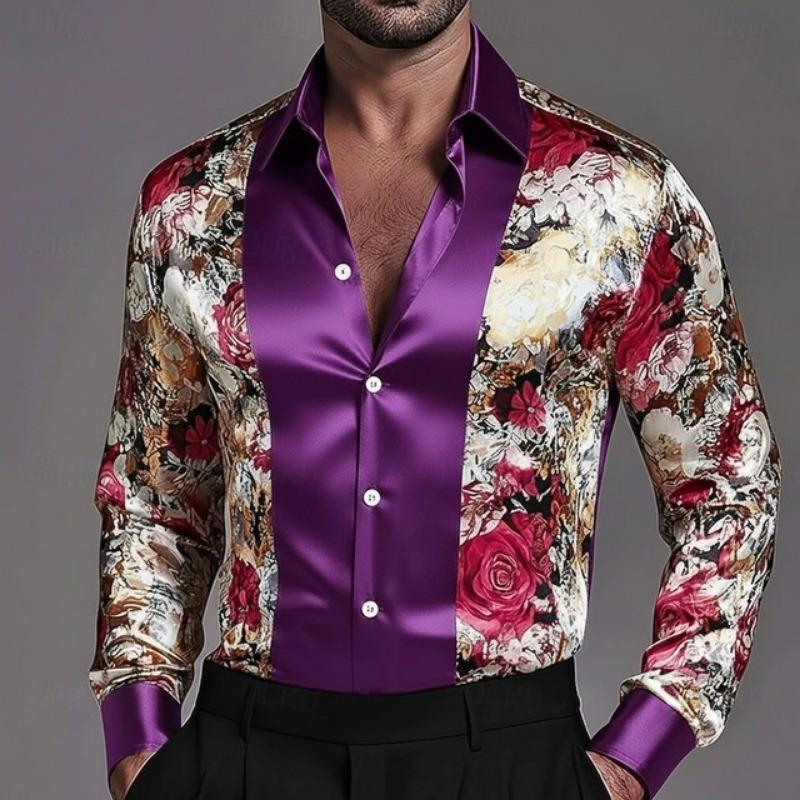 Men's Fashion New Design Printed Rose Men's Printed Rose Satin Shirt Long Sleeve Retro Holiday Wear Collar Button Shirt