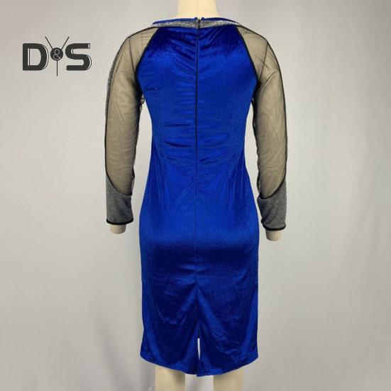 Formelles Damen-Partykleid, Bankettkleid, farblich abgestimmt, glänzende Pailletten, lange Ärmel, Rundhalsausschnitt, Netzstoff, Patchwork, hohe Taille, schmale Passform, Frühlings-Herbst-Abend