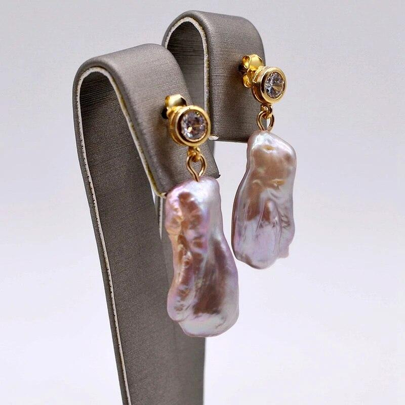 

Настоящие серьги в стиле барокко, прямоугольные фиолетовые натуральные пресноводные жемчужины с кубическим цирконием, позолоченные женские серьги, модные украшения фиолетовый