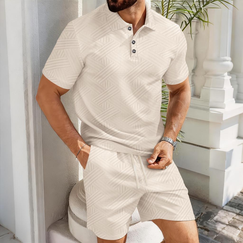 Men's Stylish Casual Collarless Short-sleeved Shirt - Men's Short-sleeved Top And Shorts Two-piece Set
