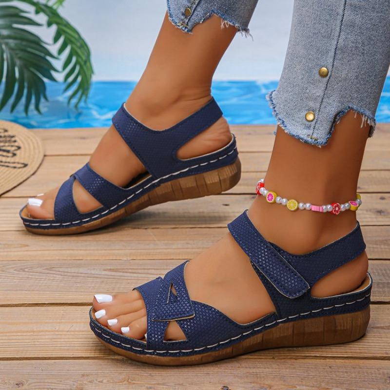 

Large size Velcro one word with platform sandals women s hollow embossed wedge heel beach sandals 43