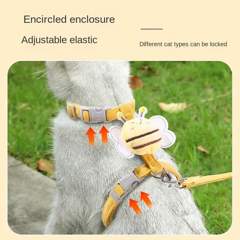Katzengeschirr, Leine, Halsband-Set, verstellbar, Cartoon-Biene, doppellagiges Hundegeschirr für kleine und mittelgroße Haustiere, Halsband, Leine, Spaziergänge im Freien