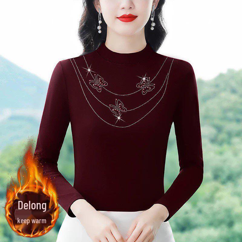 Women's Double-Sided German Fleece Turtleneck Top, Long Sleeve, 2026 Autumn/Winter, Stylish with Hot Drill Accents, Warm and Trendy.
