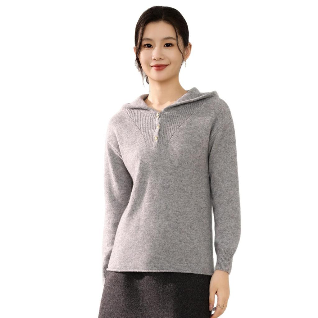Women's 100% Pure Wool Half-Zip Hooded Sweater with Gold Buttons - New Autumn/Winter Fashion