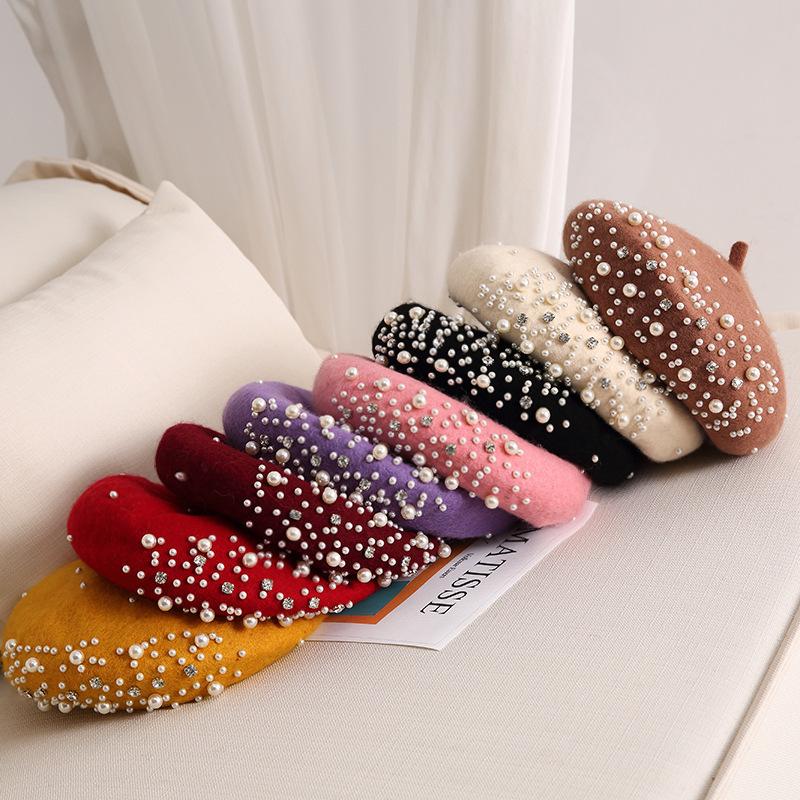 Temperament Pearl Water Diamond Beret Women's Autumn/Winter British Retro Korean Japanese Painter's Hat