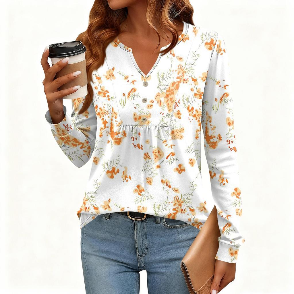 Γυναικείο Χαλαρό, V-λαιμόκοψη, Ρετρό Χρώμα, Μπλοκ με Φλοράλ Σχέδιο, Μακρυμάνικο Πουλόβερ T-shirt