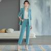 Seven-Sleeve Sea Blue Women's Pants Suit - Temperamental Goddess Style Double-Breasted Workwear