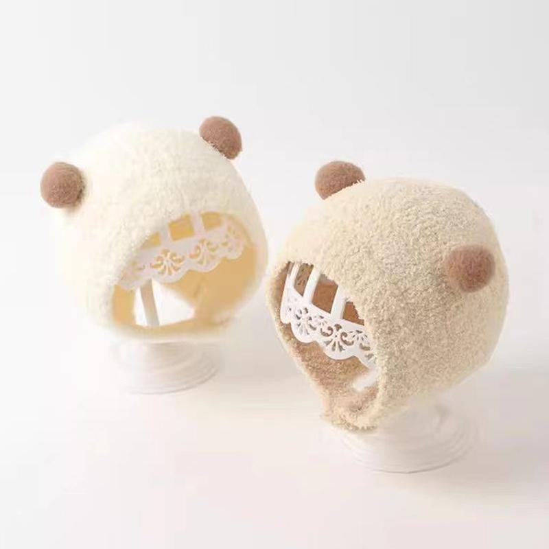 Cute Winter Warm Kids Girl Boys Baby Hats Fleece Wool Hemming Caps With Ball Solid Wool Ear Protection Hats Soft Newborn Bonnet
