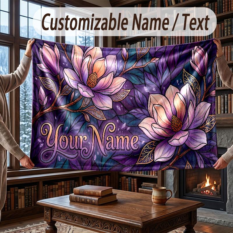 Floral Garden Theme Throw Blanket Custom Name Text Personalized Blanket Soft Cozy Blanket for Home Sofa Bed