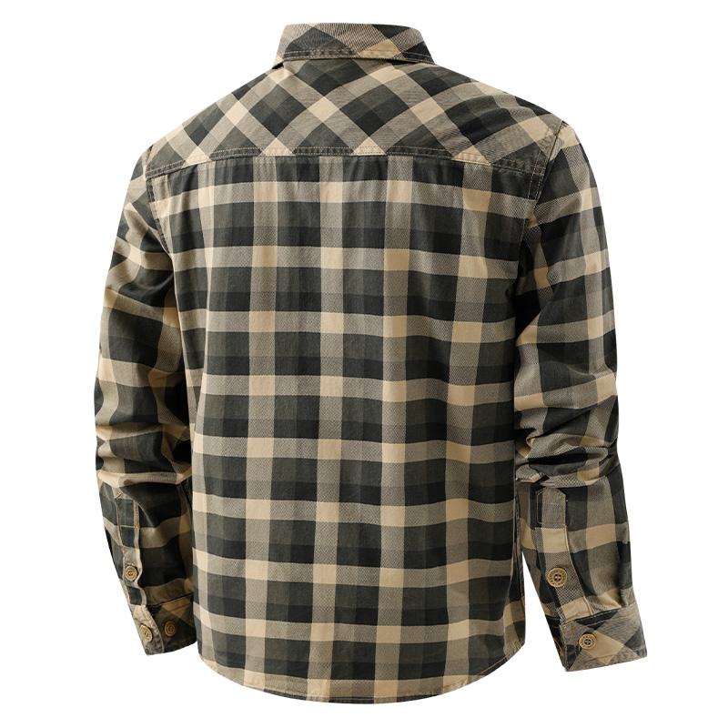 Men's Business and Leisure Plus Size Cotton Workwear Shirt, Autumn Checkered Long Sleeved Shirt