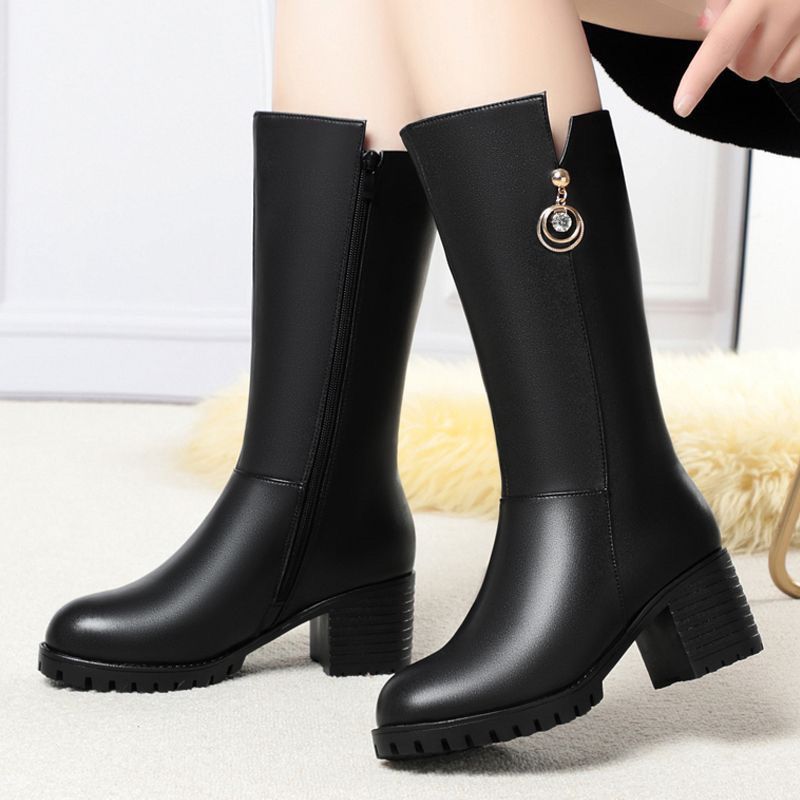 Fashion Autumn Winter Black Leather Fleece-Lined Half High Boots for Women Elegant Heeled Mid Calf Shoes Woman Goth Chic Footwear Sale
