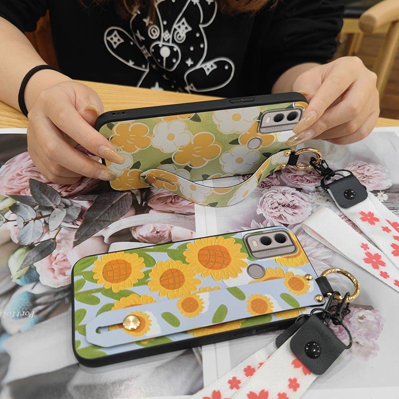 Soft Case Flower Phone Case For Nokia C22 Wristband Durable Ring Waterproof Lanyard Oil Painting Back Cover Silicone