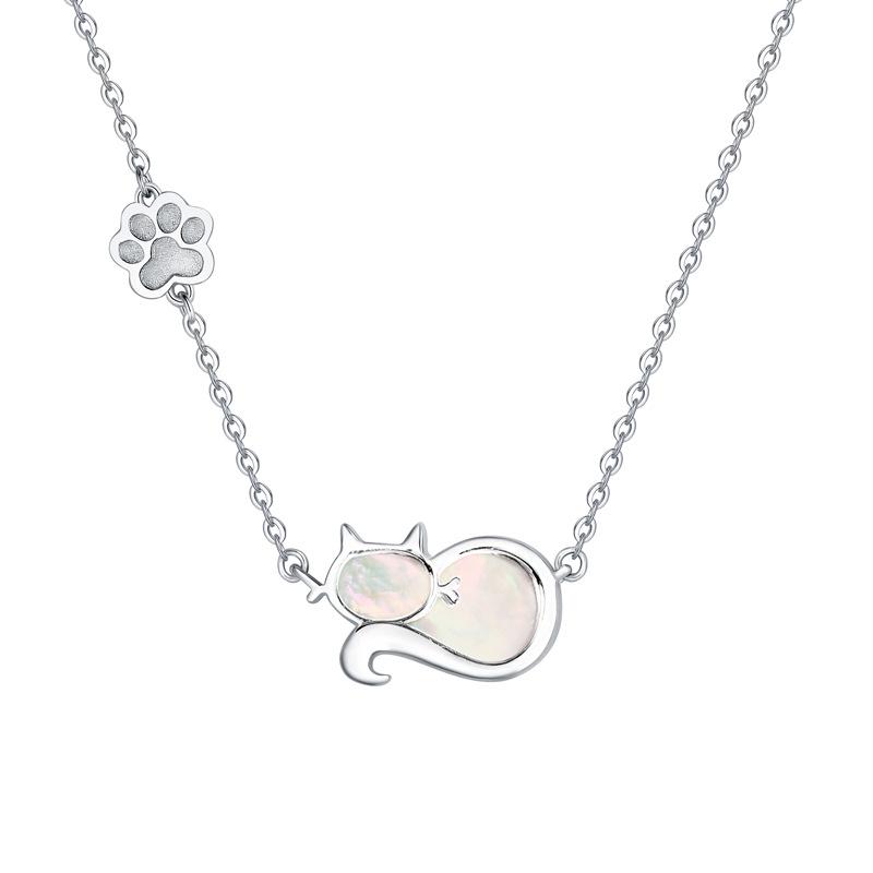 S925 Sterling Silver Little Cat Necklace with White Mother-of-Pearl Pendant - Versatile, Niche Design, Clavicle Chain for Women