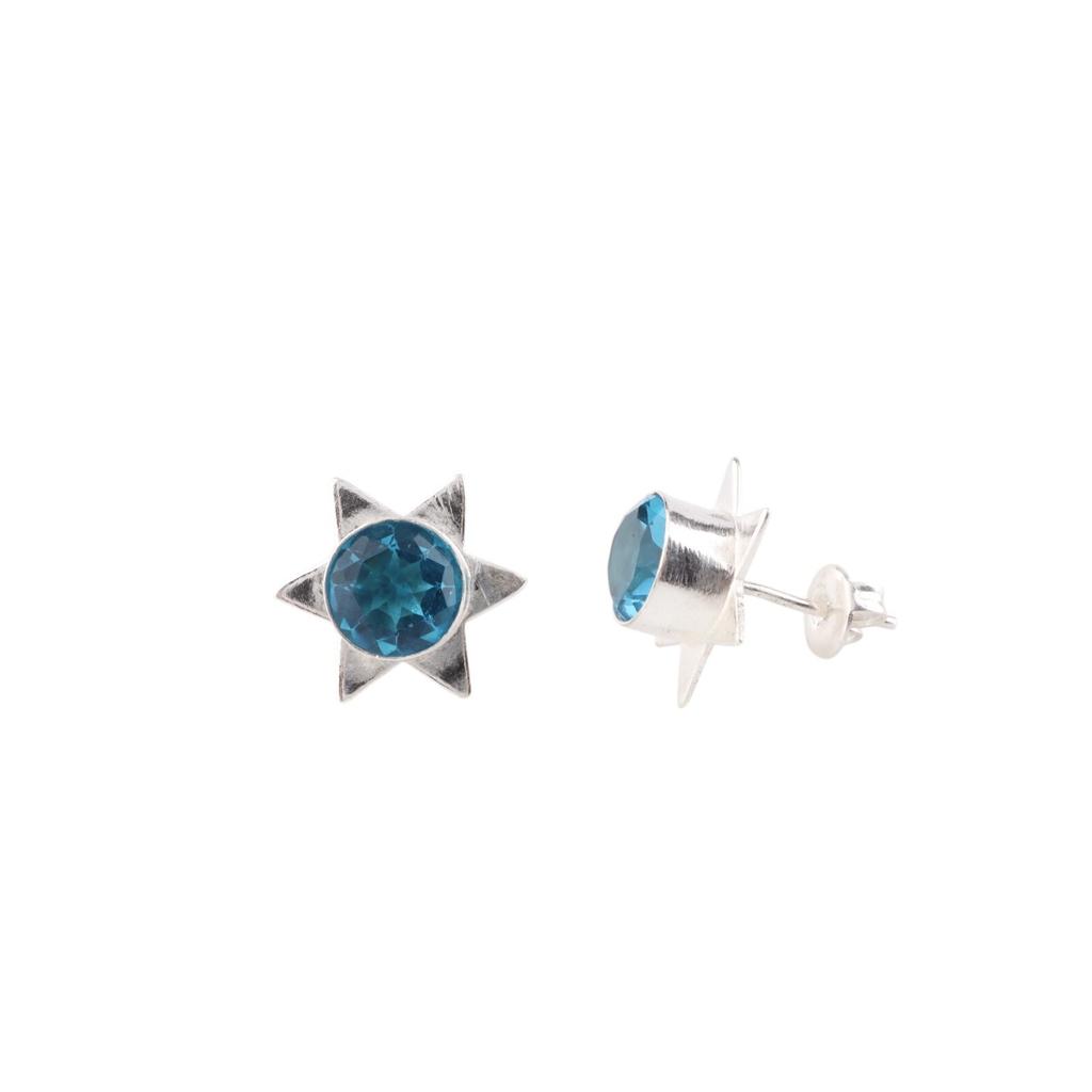 Swiss Blue Topaz Gemstone 925 Sterling Silver Jewelry Handmade Star Studs 0.44" EE-175-4
