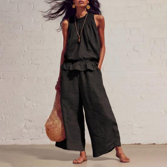 2 Stück/Set Sommer Damen Outfit Western-Stil Vintage Bohemian Rüschen Baumwoll-Leinen Anzug Mode Lockerer Anzug