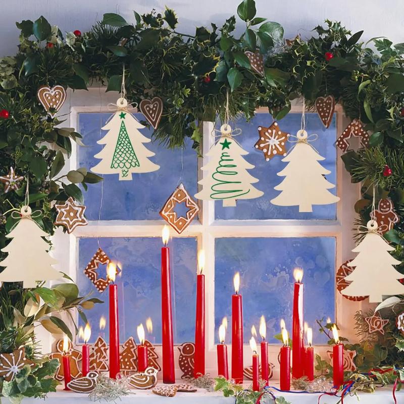 DIY Paintable Wooden Christmas Tree Ornaments Blank Art Craft Wood Slices for Hanging Festive Decor Xmas Trees