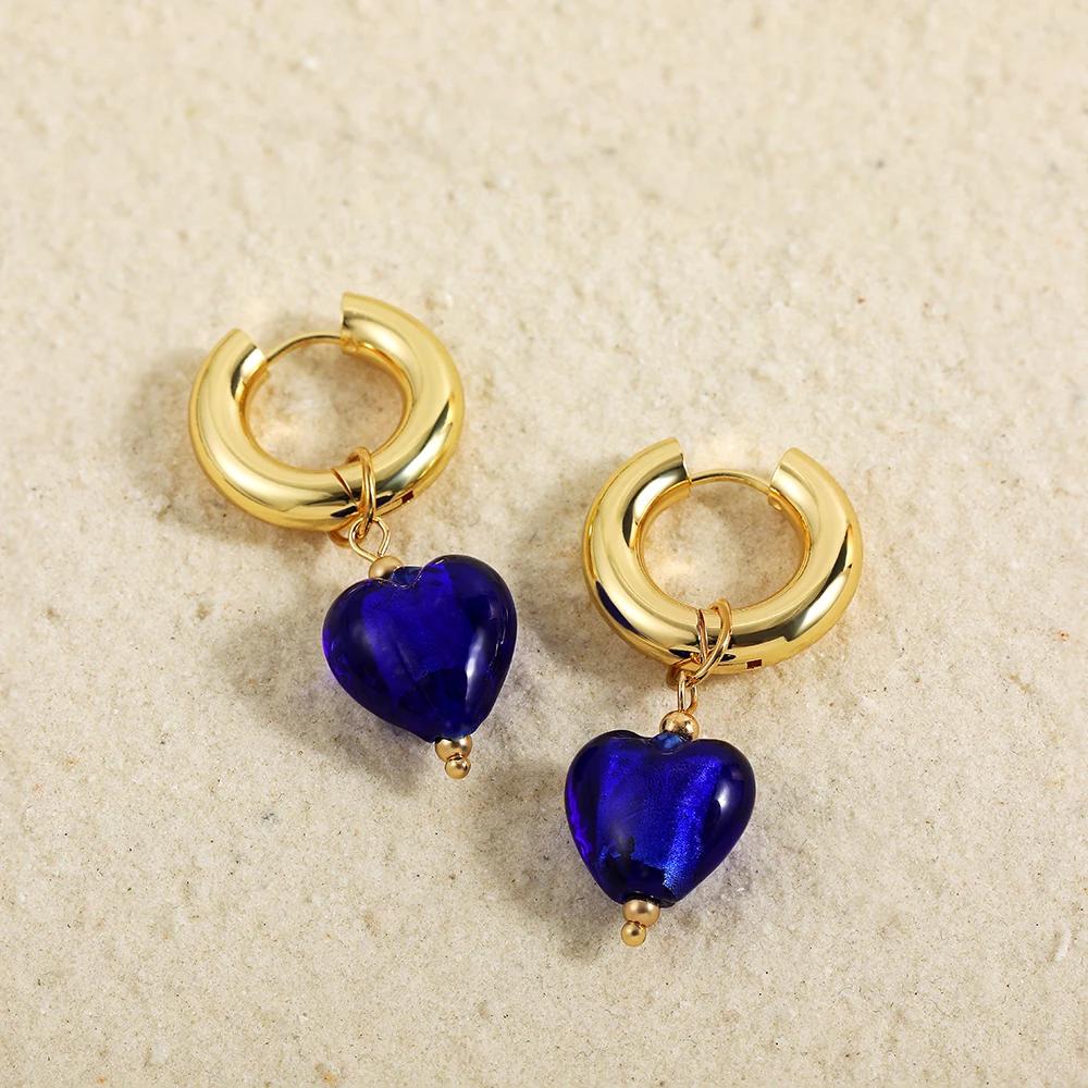 Colorful Glass Heart-shaped Pedant Drop Earrings For Women Stainless Steel Round Circle Hoop Hanging Earring Minimalist Jewelry