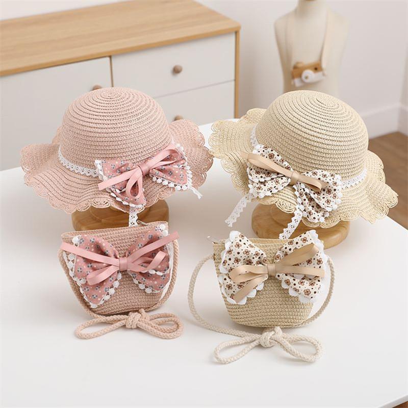 Childrens Summer Straw Hat And Bag Set With Wide Brim Sun Protection For Girls