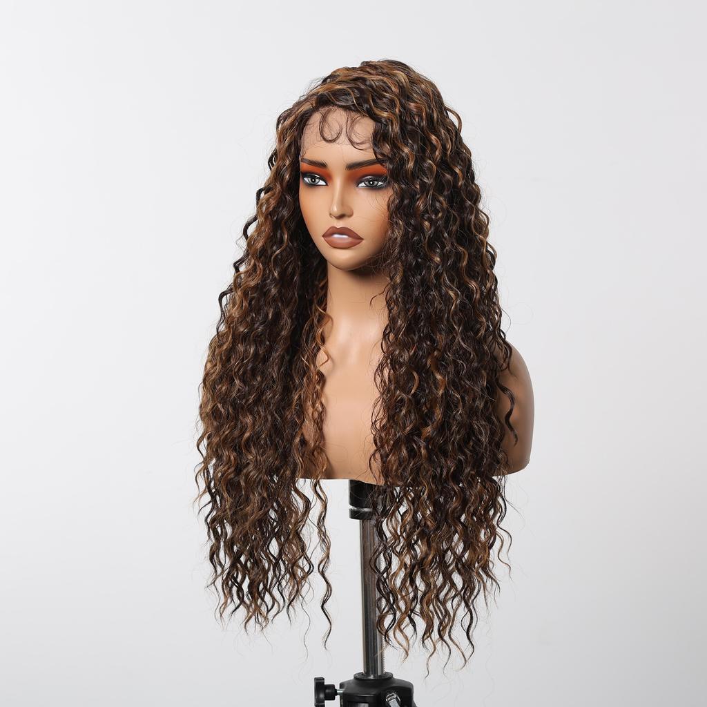 ALAN EATON Long13x4x1 Lace Synthetic Wigs Brown Highlight Golden Curly Wig for Black Women Natural High Density Daily Use