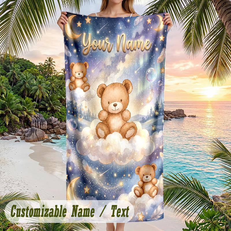 Teddy Bear Theme Beach Towel Personalized Custom Name & Text Soft Quick Dry Beach Towel for Swimming Travel