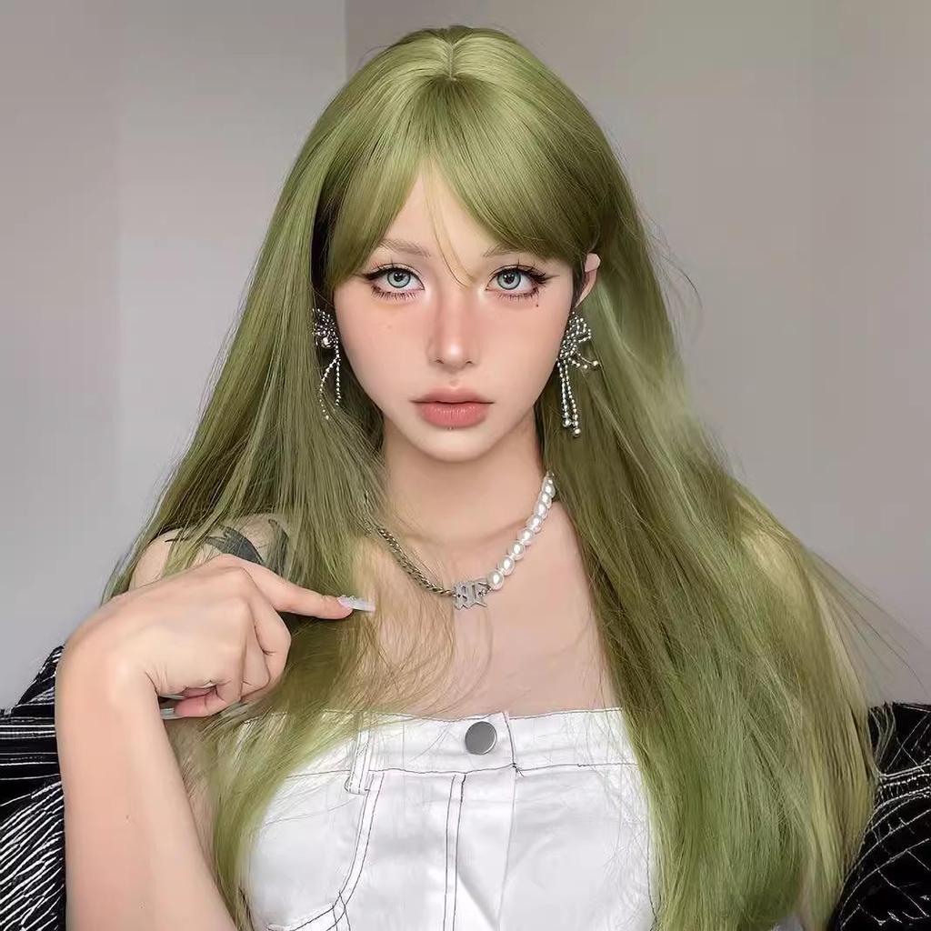 Green Long Straight Wig with Bangs - High-Temperature Fiber, European & American Style