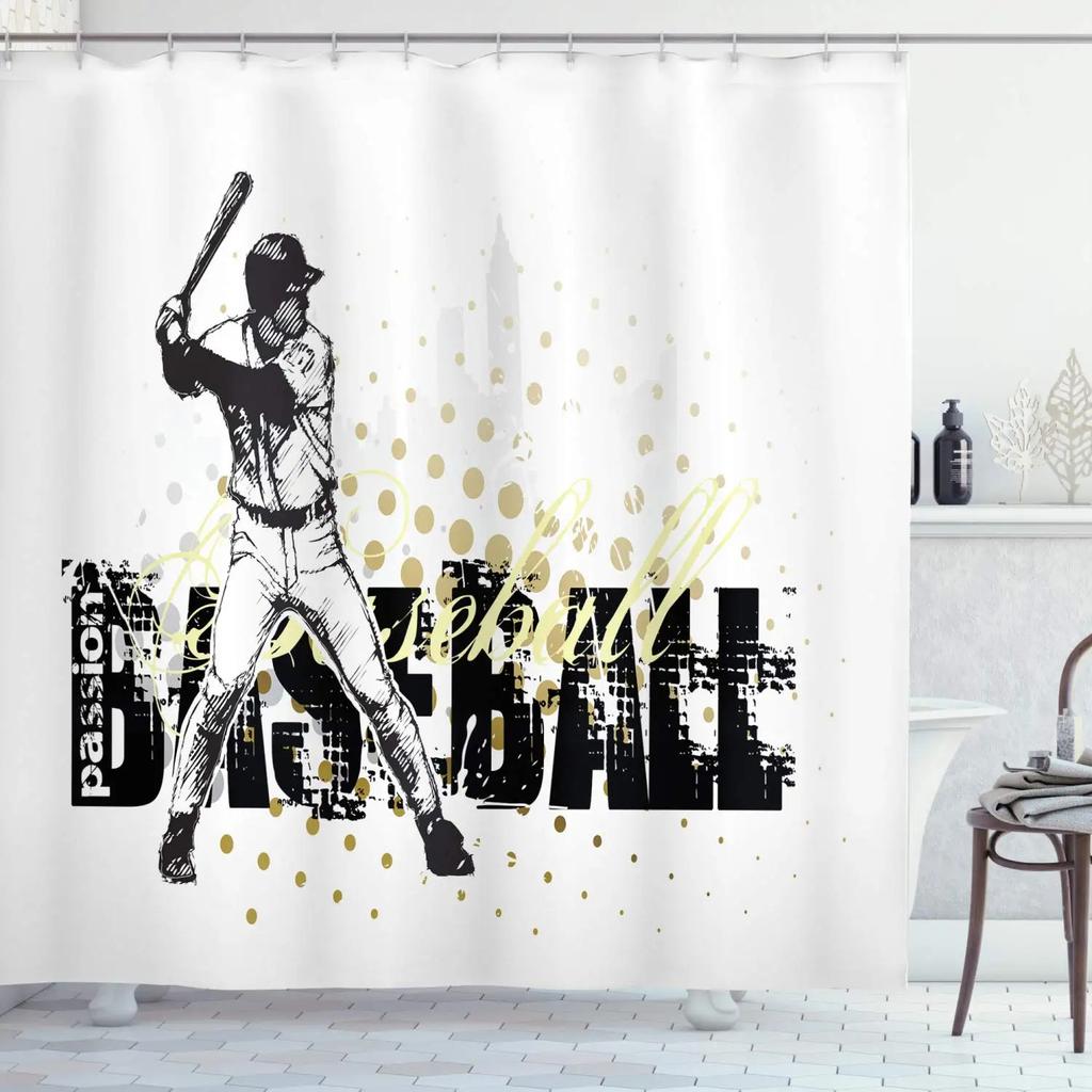 Baseball Shower Curtain Baseball Glove Sports Theme Polyester Fabric Bathtub Screen Home Decor Bathroom Curtains Set with Hooks