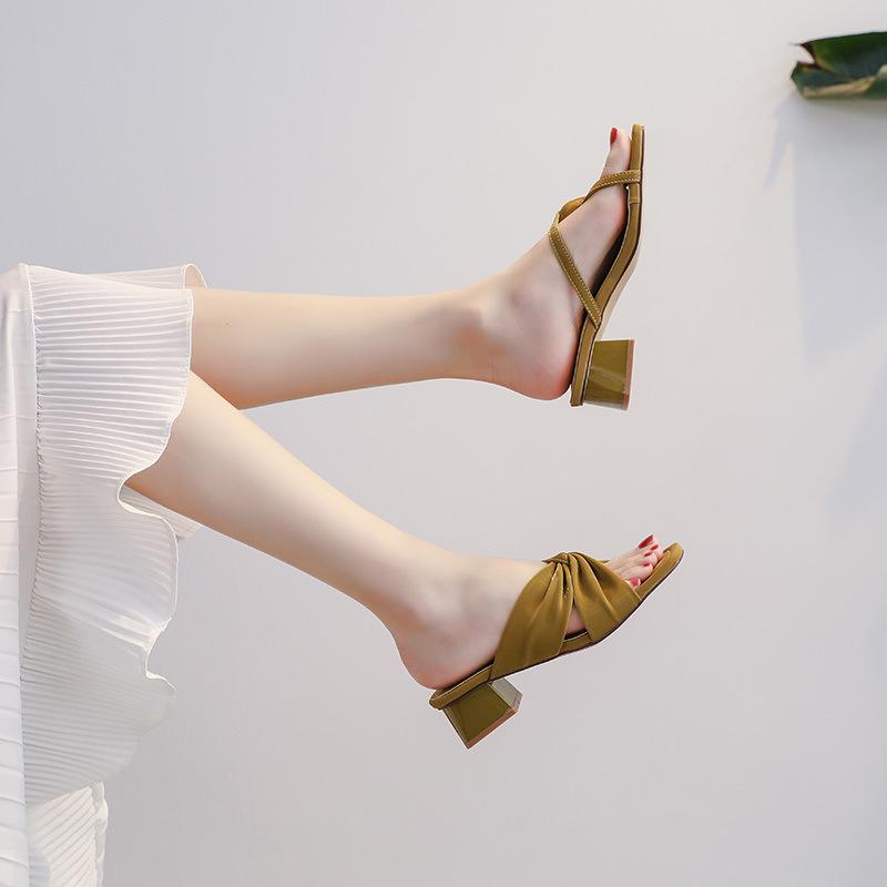 8148-4 Half-drag women's outer wear 2025 This year's popular summer medium heel thick heel high heel fashion cool slippers