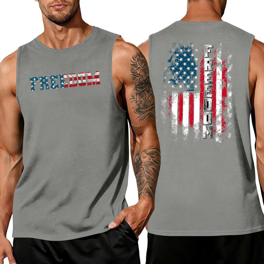 Men's Sleeveless Muscle Tank Top with Letter Print and Flag Pattern Casual Crew Neck Gym Shirt