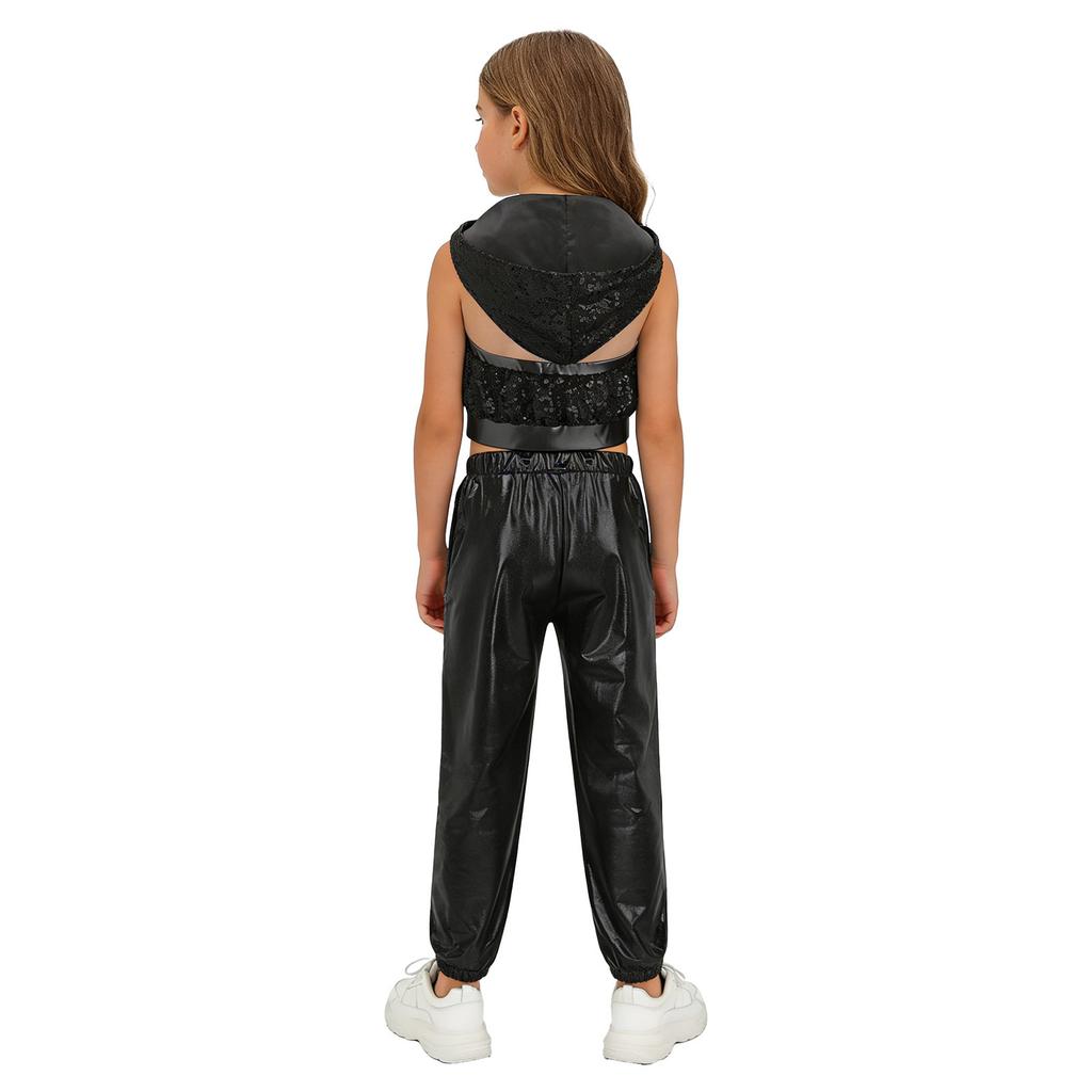 Mädchen Glitzernde Pailletten Reißverschluss Vorne Crop Top Elastische Taille Hose Hip Hop Jazz Tanz Set