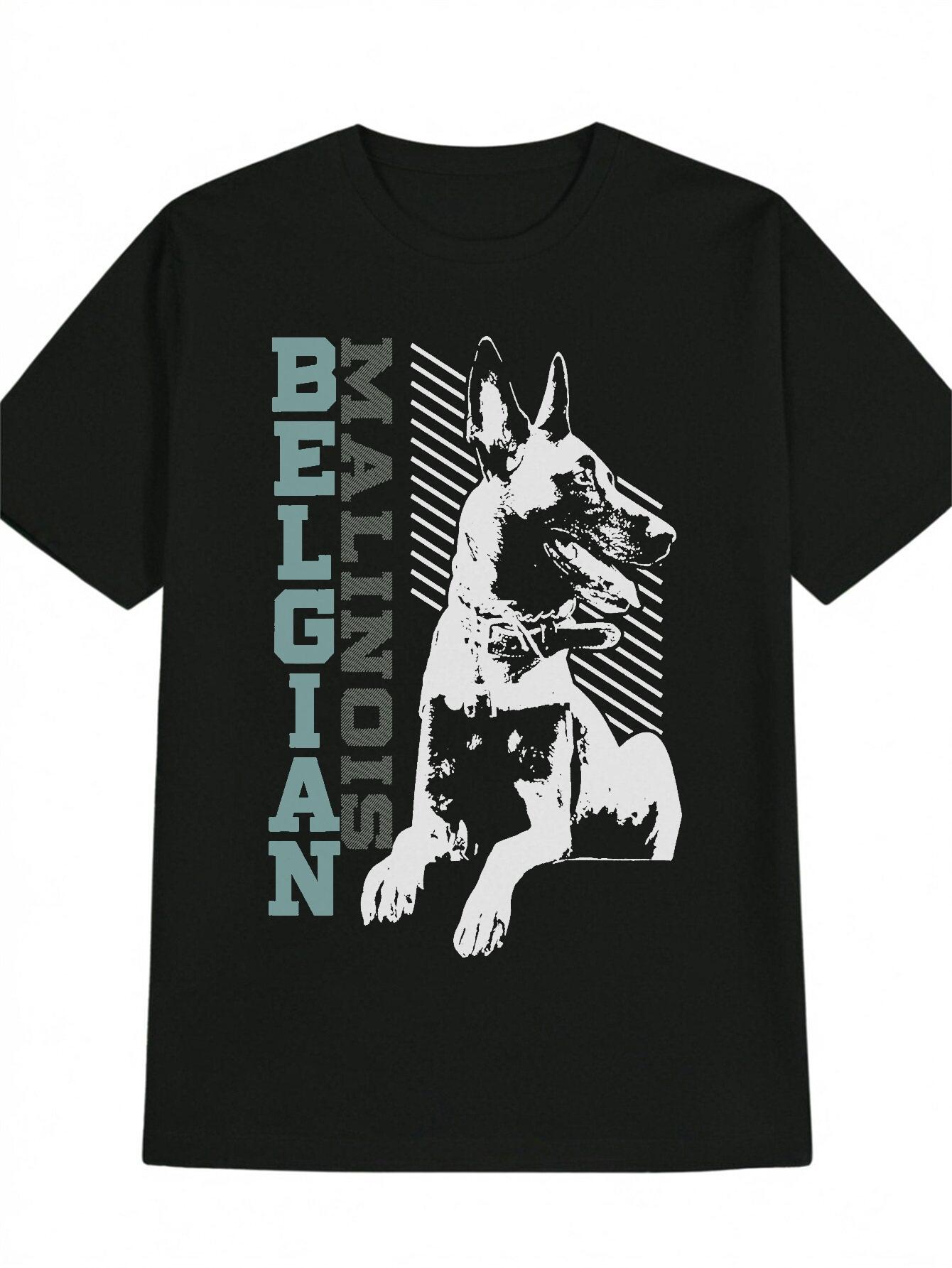 Casual Belgian Malinois Dog Graphic T-shirt - Gray & Black Striped Print S