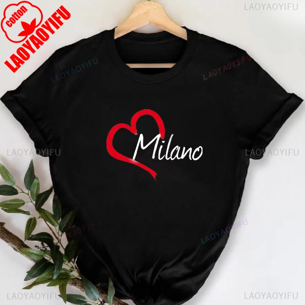 MILANO ITALIEN Buchstabenaufdruck Rundhals-T-Shirt Lässiges Kurzarm-T-Shirt für Frühling & Sommer Damenbekleidung Valentinstag