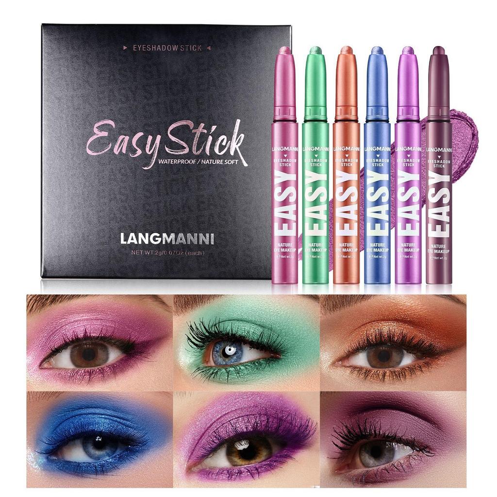 6pcs/set Pearlescent Matte Eyeshadow Stick Set Eyeshadow Pencil Shimmer Pearly Glitter Finish Multicoloured Smudge Proof Eyeshadow Pen Make-Up Stick