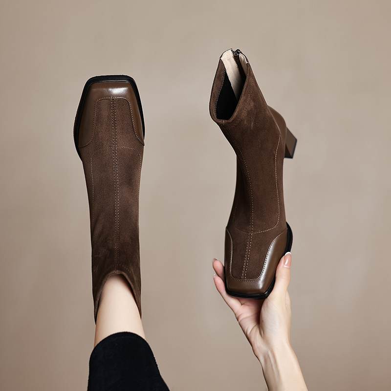 Krazing Pot Flock Autumn Winter Shoes Thick High Heels Big Size 40 Modern Boots Square Toe Keep Warm Zip Ankle Boots