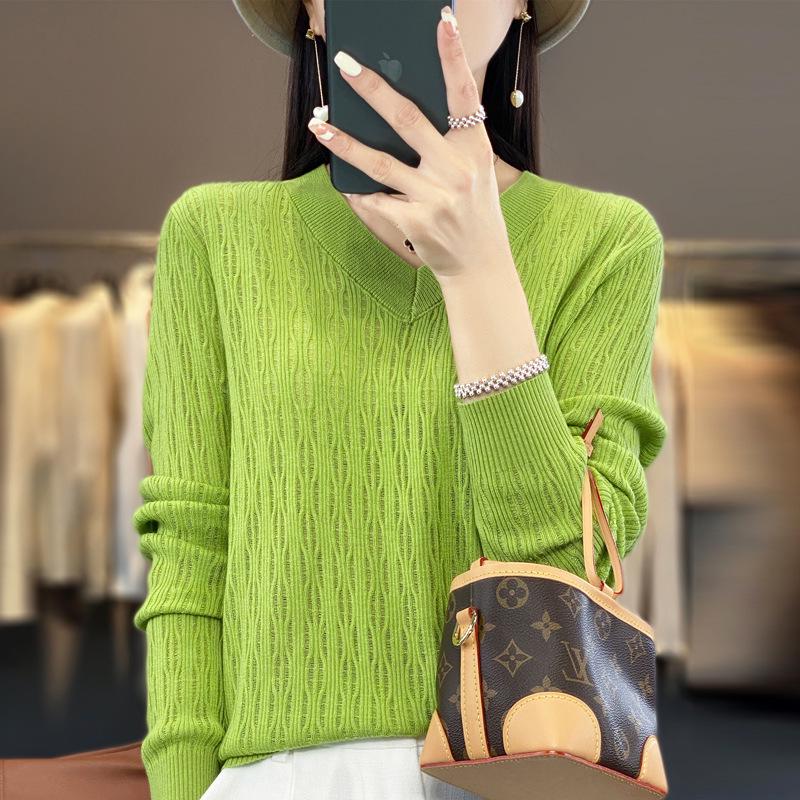 Summer 2025 Women's Plus Size V-Neck Long Sleeve Hollow Out Knit Sweater Cardigan Blouse