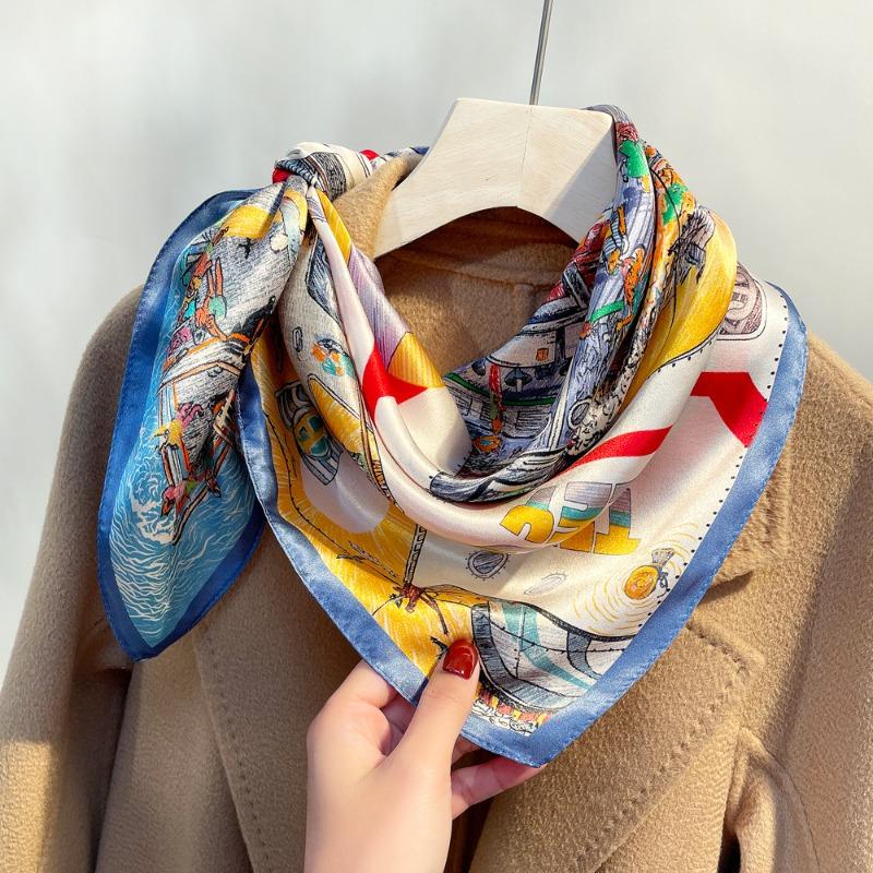 Spring New Plain Crepe Satin Printed Silk Silk Scarf Women's Light Luxury Versatile Mulberry Silk Small Square Scarf Decorative Scarf