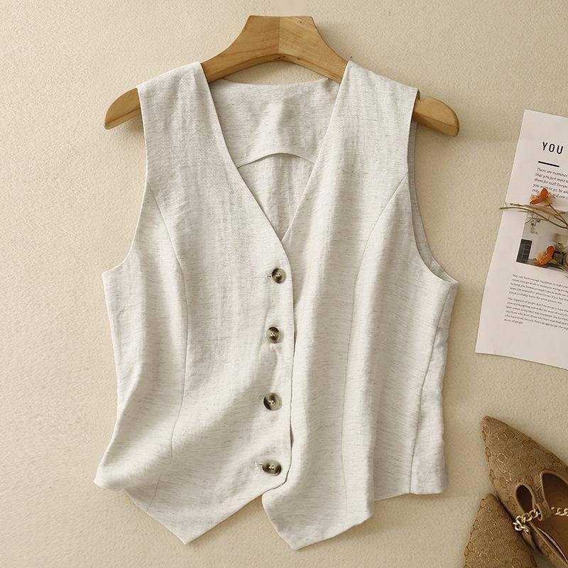 Women's Summer Black Beige Linen Vest V-neck Button Sleeveless Cardigan Tops Elegant Short Jacket Waistcoat