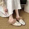 Embroidered Elegant Pointed Toe Women's Mules Versatile Vintage Slip On Plush Slippers for Women Autumn Winter Cozy Shoes Indoor