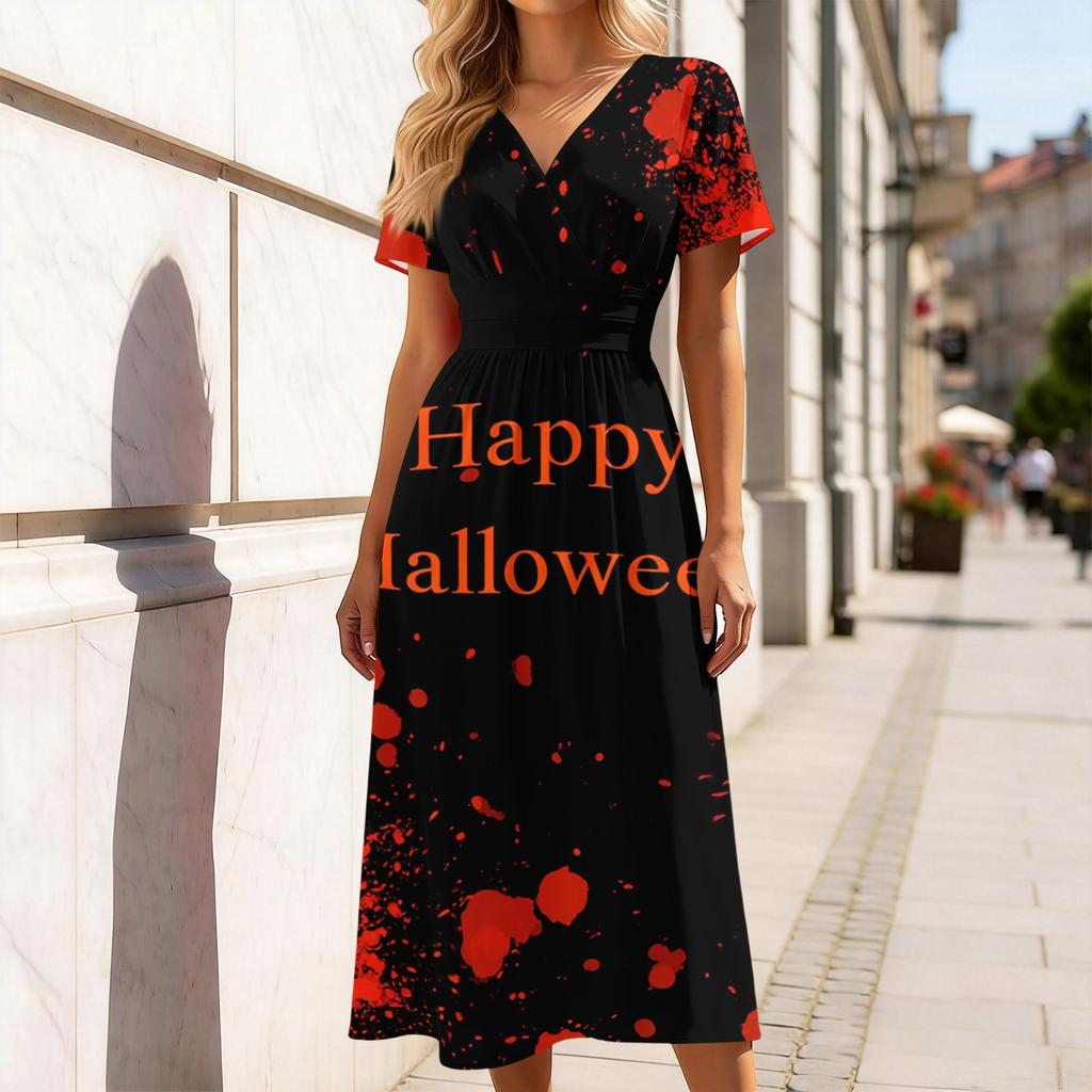 Women's Casual Halloween Print Dress V-Neck Short Sleeve for Party and Daily Wear