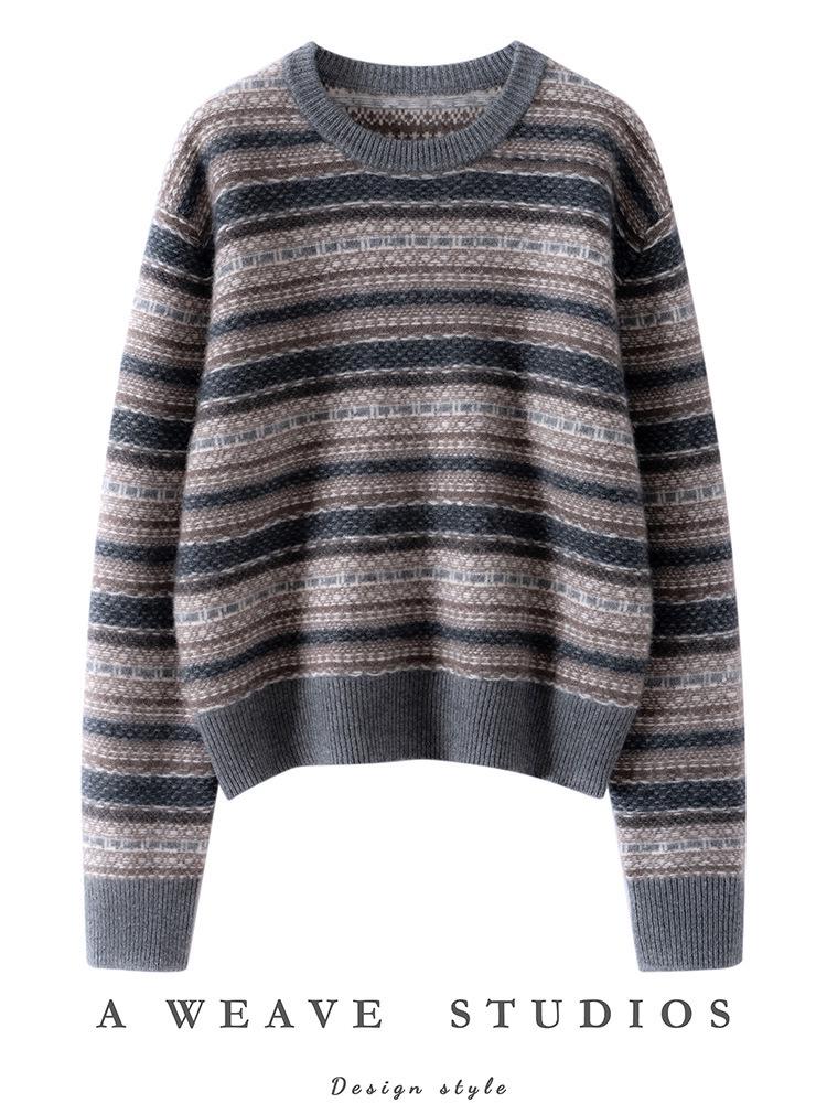 Retro kašmírový svetr Fair Isle pro ženy, Zesílený, Kulatý výstřih, Volný úpletový top