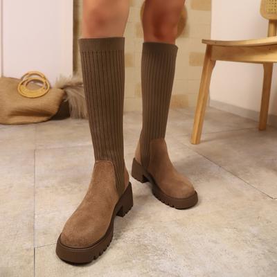 Fashion Platform Block Heel Sock Boots Women's Fashion Round Toe Suede Spliced Knit Breathable Non-Slip Wear-Resistant Tall Boots