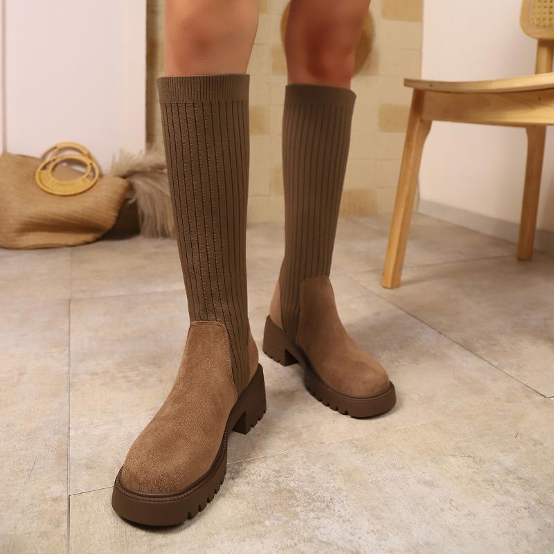 

Модные ботильоны-носки на платформе и блочном каблуке, женская мода, круглый носок, замшевые вставки, вязаные, дышащие, нескользящие, износостойкие, высокие ботинки 42