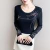 Spring Autumn Women's Hotfix Rhinestone T-Shirt Elegant O-neck Full Sleeve Tees Slim Ladies Tops